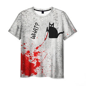 Мужская футболка 3D с принтом What cat в Новосибирске, 100% полиэфир | прямой крой, круглый вырез горловины, длина до линии бедер | cat | kitten | knife | what | кот | котёнок | кошка | кровь | нож | что