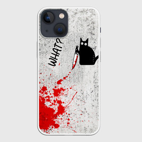 Чехол для iPhone 13 mini с принтом What cat в Новосибирске,  |  | cat | kitten | knife | what | кот | котёнок | кошка | кровь | нож | что