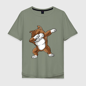 Мужская футболка хлопок Oversize с принтом Dabbing Pitbull в Новосибирске, 100% хлопок | свободный крой, круглый ворот, “спинка” длиннее передней части | animal | animals | beast | dab | dabb | dabbing | dog | pitbull | predator | rap | даб | животное | животные | зверь | пес | питбуль | рэп | собака | хищник