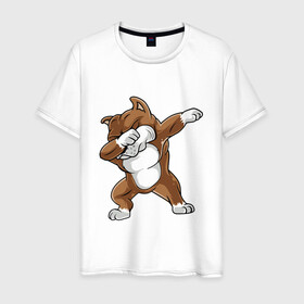Мужская футболка хлопок с принтом Dabbing Pitbull в Новосибирске, 100% хлопок | прямой крой, круглый вырез горловины, длина до линии бедер, слегка спущенное плечо. | animal | animals | beast | dab | dabb | dabbing | dog | pitbull | predator | rap | даб | животное | животные | зверь | пес | питбуль | рэп | собака | хищник