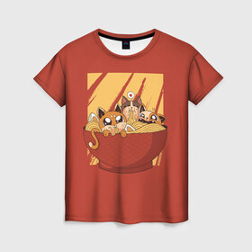 Женская футболка 3D с принтом Котики в Новосибирске, 100% полиэфир ( синтетическое хлопкоподобное полотно) | прямой крой, круглый вырез горловины, длина до линии бедер | Тематика изображения на принте: cat | kitty | pasta | ramen | кот | котики | коты | кошка | кошки | лапша | рамен | рамэн
