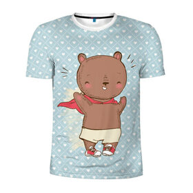 Мужская футболка 3D спортивная с принтом Мишка супергерой в Новосибирске, 100% полиэстер с улучшенными характеристиками | приталенный силуэт, круглая горловина, широкие плечи, сужается к линии бедра | Тематика изображения на принте: герой | медведь | милота | милый | милый мишка | миша | мишка | плащ | супергерой | супермен | супермэн
