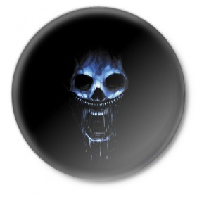 Значок с принтом Ужас в Новосибирске,  металл | круглая форма, металлическая застежка в виде булавки | 31 | black | blue | fear | grin | halloween | horror | jaw | night | orbits | saliva | skull | teeth | глазницы | зубы | ночь | оскал | синий | слюна | ужас | хэллоуин | череп | черный