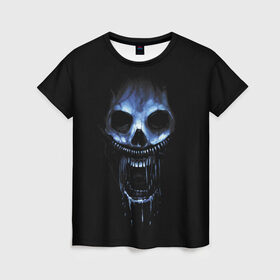 Женская футболка 3D с принтом Ужас в Новосибирске, 100% полиэфир ( синтетическое хлопкоподобное полотно) | прямой крой, круглый вырез горловины, длина до линии бедер | 31 | black | blue | fear | grin | halloween | horror | jaw | night | orbits | saliva | skull | teeth | глазницы | зубы | ночь | оскал | синий | слюна | ужас | хэллоуин | череп | черный