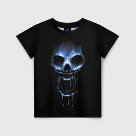 Детская футболка 3D с принтом Ужас в Новосибирске, 100% гипоаллергенный полиэфир | прямой крой, круглый вырез горловины, длина до линии бедер, чуть спущенное плечо, ткань немного тянется | 31 | black | blue | fear | grin | halloween | horror | jaw | night | orbits | saliva | skull | teeth | глазницы | зубы | ночь | оскал | синий | слюна | ужас | хэллоуин | череп | черный