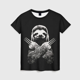 Женская футболка 3D с принтом Slotherine в Новосибирске, 100% полиэфир ( синтетическое хлопкоподобное полотно) | прямой крой, круглый вырез горловины, длина до линии бедер | animals | wolverine | ленивец | росомаха