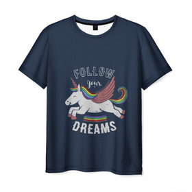 Мужская футболка 3D с принтом Unicorn. Follow your Dreams в Новосибирске, 100% полиэфир | прямой крой, круглый вырез горловины, длина до линии бедер | care | dream | fantasy | horn | horse | magic | night | rainbow | star | stars | unicorn | единорог | звезда | звезды | инрог | конь | лошадь | магия | мечта | ночь | радуга | рог | фантастика | фентези