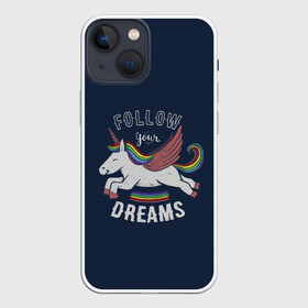 Чехол для iPhone 13 mini с принтом Unicorn. Follow your Dreams в Новосибирске,  |  | care | dream | fantasy | horn | horse | magic | night | rainbow | star | stars | unicorn | единорог | звезда | звезды | инрог | конь | лошадь | магия | мечта | ночь | радуга | рог | фантастика | фентези