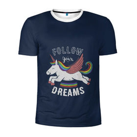 Мужская футболка 3D спортивная с принтом Unicorn. Follow your Dreams в Новосибирске, 100% полиэстер с улучшенными характеристиками | приталенный силуэт, круглая горловина, широкие плечи, сужается к линии бедра | Тематика изображения на принте: care | dream | fantasy | horn | horse | magic | night | rainbow | star | stars | unicorn | единорог | звезда | звезды | инрог | конь | лошадь | магия | мечта | ночь | радуга | рог | фантастика | фентези