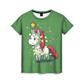 Женская футболка 3D с принтом Magical Unicorn в Новосибирске, 100% полиэфир ( синтетическое хлопкоподобное полотно) | прямой крой, круглый вырез горловины, длина до линии бедер | 202 | christmas | new year | unicorn | гирлянда | единорог | елка | новый год | праздник | рождество