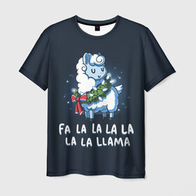 Мужская футболка 3D с принтом Fa-la-lama в Новосибирске, 100% полиэфир | прямой крой, круглый вырез горловины, длина до линии бедер | Тематика изображения на принте: alpaca | lama | new year | sweater | ugly | альпака | лама | новый год | рождество | свитер
