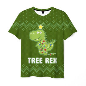 Мужская футболка 3D с принтом Tree Rex в Новосибирске, 100% полиэфир | прямой крой, круглый вырез горловины, длина до линии бедер | christmas tree | new year | t rex | tyrannosaurus | динозавр | елка | ель | новый год | свитер | тиранозавр
