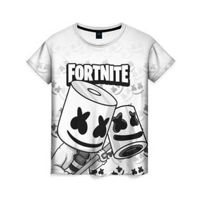 Женская футболка 3D с принтом FORTNITE MARSHMELLO в Новосибирске, 100% полиэфир ( синтетическое хлопкоподобное полотно) | прямой крой, круглый вырез горловины, длина до линии бедер | chapter 2 | fortnite | marshmello | диджей | игры | маршмэллоу | молоток | фортнайт