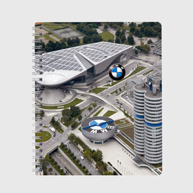 Тетрадь с принтом BMW city в Новосибирске, 100% бумага | 48 листов, плотность листов — 60 г/м2, плотность картонной обложки — 250 г/м2. Листы скреплены сбоку удобной пружинной спиралью. Уголки страниц и обложки скругленные. Цвет линий — светло-серый
 | Тематика изображения на принте: bmw | buildings | city | germany | munich | prestige | бмв | германия | город | здания | мюнхен | престиж