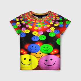 Детская футболка 3D с принтом ЦВЕТНЫЕ СМАЙЛИКИ в Новосибирске, 100% гипоаллергенный полиэфир | прямой крой, круглый вырез горловины, длина до линии бедер, чуть спущенное плечо, ткань немного тянется | emoji | настроение | позитив | смайлики | смайлы | стикеры | текстура смайл | улыбки | фон смайл | эмодзи