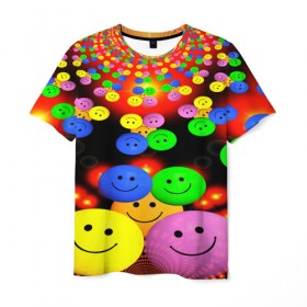 Мужская футболка 3D с принтом ЦВЕТНЫЕ СМАЙЛИКИ в Новосибирске, 100% полиэфир | прямой крой, круглый вырез горловины, длина до линии бедер | emoji | настроение | позитив | смайлики | смайлы | стикеры | текстура смайл | улыбки | фон смайл | эмодзи