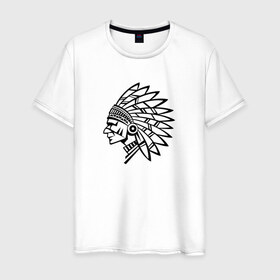Мужская футболка хлопок с принтом Индеец в Новосибирске, 100% хлопок | прямой крой, круглый вырез горловины, длина до линии бедер, слегка спущенное плечо. | индеец | минимализм | перья | рисунок | человек