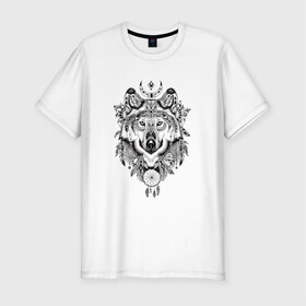 Мужская футболка премиум с принтом Волк в Новосибирске, 92% хлопок, 8% лайкра | приталенный силуэт, круглый вырез ворота, длина до линии бедра, короткий рукав | Тематика изображения на принте: волк | ловец снов | перья | сон