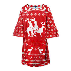 Детское платье 3D с принтом СВИТЕР С ОЛЕНЯМИ в Новосибирске, 100% полиэстер | прямой силуэт, чуть расширенный к низу. Круглая горловина, на рукавах — воланы | christmas | new year | winter | дед мороз | зима | ирония | клауз | клаус | новый год | олени | подарки | рождество | санта | сарказм | свитер с оленями | снег