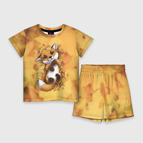 Детский костюм с шортами 3D с принтом Осенний лисёнок в Новосибирске,  |  | Тематика изображения на принте: fox | лис | лиса | лисёнок | лисичка | листва | листья | осень | рыжая