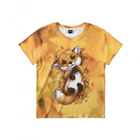 Детская футболка 3D с принтом Осенний лисёнок в Новосибирске, 100% гипоаллергенный полиэфир | прямой крой, круглый вырез горловины, длина до линии бедер, чуть спущенное плечо, ткань немного тянется | Тематика изображения на принте: fox | лис | лиса | лисёнок | лисичка | листва | листья | осень | рыжая