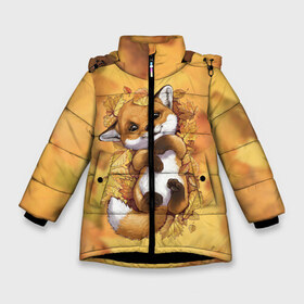 Зимняя куртка для девочек 3D с принтом Осенний лисёнок в Новосибирске, ткань верха — 100% полиэстер; подклад — 100% полиэстер, утеплитель — 100% полиэстер. | длина ниже бедра, удлиненная спинка, воротник стойка и отстегивающийся капюшон. Есть боковые карманы с листочкой на кнопках, утяжки по низу изделия и внутренний карман на молнии. 

Предусмотрены светоотражающий принт на спинке, радужный светоотражающий элемент на пуллере молнии и на резинке для утяжки. | fox | лис | лиса | лисёнок | лисичка | листва | листья | осень | рыжая