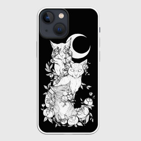 Чехол для iPhone 13 mini с принтом Котики в Новосибирске,  |  | котики | полумесяц | розы | цветы | черно белое