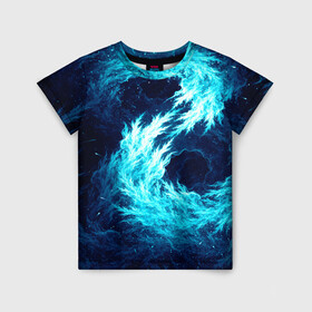 Детская футболка 3D с принтом Abstract fractal blue flame в Новосибирске, 100% гипоаллергенный полиэфир | прямой крой, круглый вырез горловины, длина до линии бедер, чуть спущенное плечо, ткань немного тянется | Тематика изображения на принте: abstract | colors | dark | flame | fractal | space | абстракция | космос | краски | огонь | пламя | тёмный | фрактал