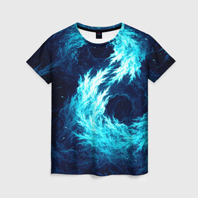 Женская футболка 3D с принтом Abstract fractal blue flame в Новосибирске, 100% полиэфир ( синтетическое хлопкоподобное полотно) | прямой крой, круглый вырез горловины, длина до линии бедер | abstract | colors | dark | flame | fractal | space | абстракция | космос | краски | огонь | пламя | тёмный | фрактал