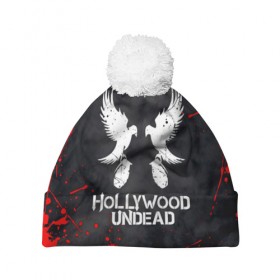 Шапка 3D c помпоном с принтом HOLLYWOOD UNDEAD в Новосибирске, 100% полиэстер | универсальный размер, печать по всей поверхности изделия | 