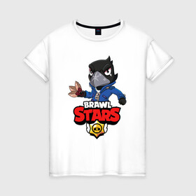 Женская футболка хлопок с принтом BRAWL STARS CROW в Новосибирске, 100% хлопок | прямой крой, круглый вырез горловины, длина до линии бедер, слегка спущенное плечо | brawl stars | bull | colt | crow | leon | stars | берли | бо | брок | ворон | джесси | динамайк | дэррил | кольт | леон | мортис | нита | пайпер | пенни | поко | пэм | рикошет | спайк | фрэнк | шелли | эль примо