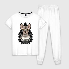 Женская пижама хлопок с принтом кот сфинкс гангстер в Новосибирске, 100% хлопок | брюки и футболка прямого кроя, без карманов, на брюках мягкая резинка на поясе и по низу штанин | гангста | гангстер | кот | крутой | стиль | сфинкс