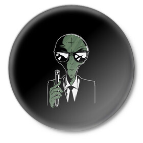 Значок с принтом Пришелец в Черном в Новосибирске,  металл | круглая форма, металлическая застежка в виде булавки | alien | men in black | ufo | инопланетяне | инопланетянин | люди в черном | нло | пришелец | пришельцы