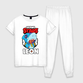Женская пижама хлопок с принтом BRAWL STARS LEON SHARK в Новосибирске, 100% хлопок | брюки и футболка прямого кроя, без карманов, на брюках мягкая резинка на поясе и по низу штанин | brawl stars | bull | colt | crow | leon | leon shark | shark | stars | акула | берли | ворон | динамайк | кольт | леон | леон акула | нита | спайк | шелли | эль примо
