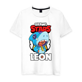 Мужская футболка хлопок с принтом BRAWL STARS LEON SHARK в Новосибирске, 100% хлопок | прямой крой, круглый вырез горловины, длина до линии бедер, слегка спущенное плечо. | Тематика изображения на принте: brawl stars | bull | colt | crow | leon | leon shark | shark | stars | акула | берли | ворон | динамайк | кольт | леон | леон акула | нита | спайк | шелли | эль примо
