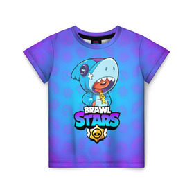 Детская футболка 3D с принтом BRAWL STARS LEON SHARK в Новосибирске, 100% гипоаллергенный полиэфир | прямой крой, круглый вырез горловины, длина до линии бедер, чуть спущенное плечо, ткань немного тянется | brawl stars | bull | colt | crow | leon | leon shark | shark | stars | акула | берли | ворон | динамайк | кольт | леон | леон акула | нита | спайк | шелли | эль примо