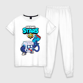Женская пижама хлопок с принтом BRAWL STARS 8-BIT в Новосибирске, 100% хлопок | брюки и футболка прямого кроя, без карманов, на брюках мягкая резинка на поясе и по низу штанин | 8 bit | 8 бит | brawl stars | bull | colt | crow | leon | leon shark | shark | stars | акула | берли | ворон | динамайк | кольт | леон | леон акула | нита | спайк | шелли | эль примо