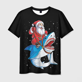 Мужская футболка 3D с принтом Санта и акула в Новосибирске, 100% полиэфир | прямой крой, круглый вырез горловины, длина до линии бедер | bells | christmas | claus | jingle | merry | santa | vevo | год | дед | клаус | мороз | новый | олени | олень | рождество | санта | снеговик | снежинки | узор