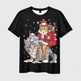 Мужская футболка 3D с принтом Санта и кот единорог в Новосибирске, 100% полиэфир | прямой крой, круглый вырез горловины, длина до линии бедер | Тематика изображения на принте: 