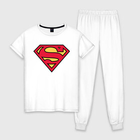 Женская пижама хлопок с принтом Superman logo в Новосибирске, 100% хлопок | брюки и футболка прямого кроя, без карманов, на брюках мягкая резинка на поясе и по низу штанин | Тематика изображения на принте: clark kent | superman | кларк кент | супермен | супермэн