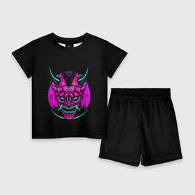 Детский костюм с шортами 3D с принтом Samurai Retro Neon в Новосибирске,  |  | neon | retro | retrowave | samurai | warior | wave | воин | воины | войны | гладиатор | маска | неон | ретро | ретровейв | рэтро | самураи | самурай