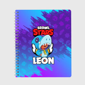 Тетрадь с принтом BRAWL STARS LEON SHARK в Новосибирске, 100% бумага | 48 листов, плотность листов — 60 г/м2, плотность картонной обложки — 250 г/м2. Листы скреплены сбоку удобной пружинной спиралью. Уголки страниц и обложки скругленные. Цвет линий — светло-серый
 | 8 bit | 8 бит | brawl stars | bull | colt | crow | leon | leon shark | shark | stars | акула | берли | ворон | динамайк | кольт | леон | леон акула | нита | спайк | шелли | эль примо