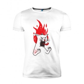 Мужская футболка премиум с принтом Злой Кот в Новосибирске, 92% хлопок, 8% лайкра | приталенный силуэт, круглый вырез ворота, длина до линии бедра, короткий рукав | angry | cat | fire | kitty | злой | злые | кот | котики | коты