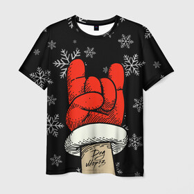 Мужская футболка 3D с принтом Рок Дед Мороз в Новосибирске, 100% полиэфир | прямой крой, круглый вырез горловины, длина до линии бедер | happy new year | santa | дед мороз | каникулы | мороз | новогодний свитер | новый год | оливье | праздник | рождество | санта клаус | свитер новогодний | снег | снегурочка | снежинки