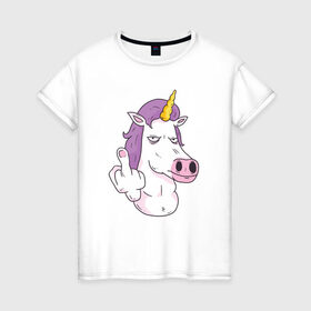 Женская футболка хлопок с принтом Злой Единорог в Новосибирске, 100% хлопок | прямой крой, круглый вырез горловины, длина до линии бедер, слегка спущенное плечо | angry | angry unicorn | unicorn | единорог | злой | злой единорог | радуга