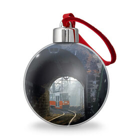 Ёлочный шар с принтом Трамвай в Новосибирске, Пластик | Диаметр: 77 мм | rails | railway | tram | trees | tunnel | деревья | железная дорога | рельсы | тоннель | трамвай
