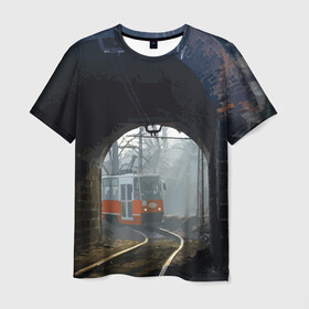 Мужская футболка 3D с принтом Трамвай в Новосибирске, 100% полиэфир | прямой крой, круглый вырез горловины, длина до линии бедер | rails | railway | tram | trees | tunnel | деревья | железная дорога | рельсы | тоннель | трамвай
