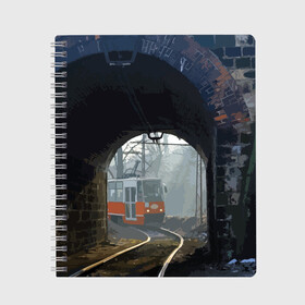 Тетрадь с принтом Трамвай в Новосибирске, 100% бумага | 48 листов, плотность листов — 60 г/м2, плотность картонной обложки — 250 г/м2. Листы скреплены сбоку удобной пружинной спиралью. Уголки страниц и обложки скругленные. Цвет линий — светло-серый
 | Тематика изображения на принте: rails | railway | tram | trees | tunnel | деревья | железная дорога | рельсы | тоннель | трамвай