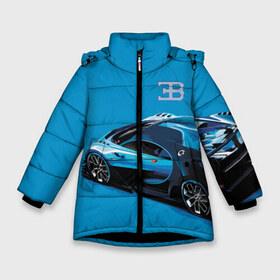 Зимняя куртка для девочек 3D с принтом Bugatti в Новосибирске, ткань верха — 100% полиэстер; подклад — 100% полиэстер, утеплитель — 100% полиэстер. | длина ниже бедра, удлиненная спинка, воротник стойка и отстегивающийся капюшон. Есть боковые карманы с листочкой на кнопках, утяжки по низу изделия и внутренний карман на молнии. 

Предусмотрены светоотражающий принт на спинке, радужный светоотражающий элемент на пуллере молнии и на резинке для утяжки. | Тематика изображения на принте: bugatti | car | italy | motorsport | prestige | автомобиль | автоспорт | бугатти | италия | престиж