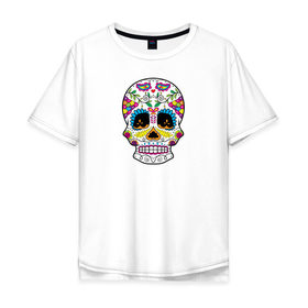 Мужская футболка хлопок Oversize с принтом Мексиканский череп - Skull в Новосибирске, 100% хлопок | свободный крой, круглый ворот, “спинка” длиннее передней части | calavera | day of the dead | dia de los muertos | halloween | skull | sugar skull | готика | день мертвых | колдовство | мексиканский череп | мистика | подарок | сахарный череп | цветы | череп